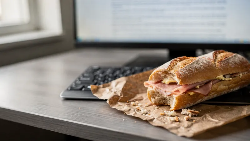 Jambon-beurre entamé posé sur son papier kraft au bord d'un clavier, écran allumé en arrière-plan.