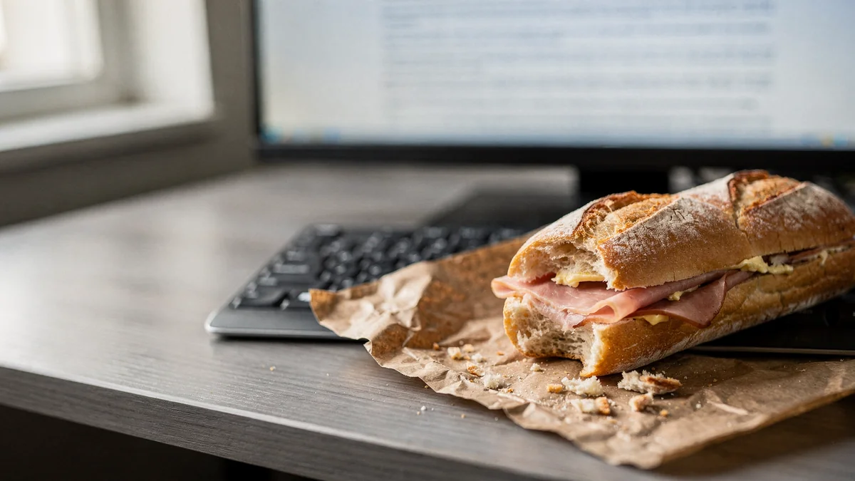 Jambon-beurre entamé posé sur son papier kraft au bord d'un clavier, écran allumé en arrière-plan.