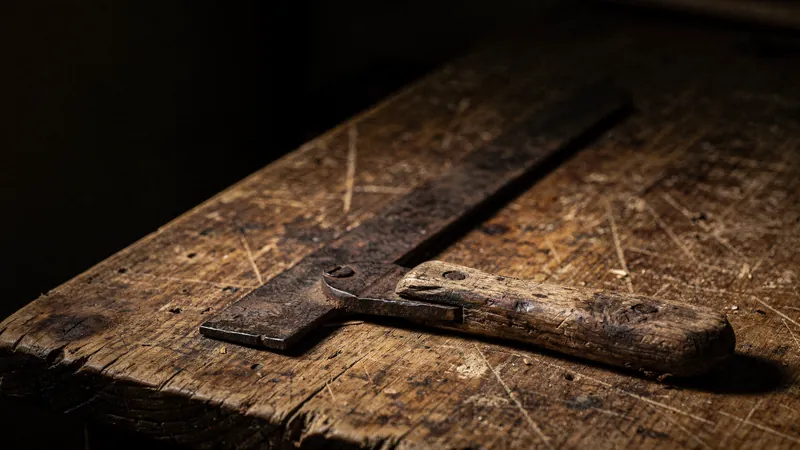 Ancien outil de menuisier en fer à manche de bois, posé sur un établi usé.