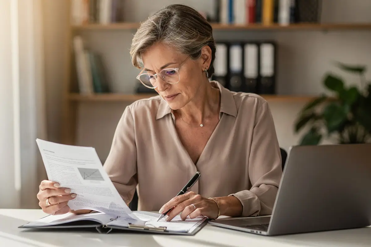 Consultante expérimentée seule à son bureau, concentrée sur la lecture d'un dossier, bibliothèque professionnelle en arrière-plan, lumière naturelle